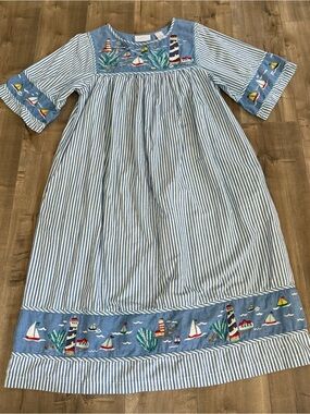 Cabernet Chambray Dress Nautical Embroidered Stitched Medium Cotton Boats Stripe